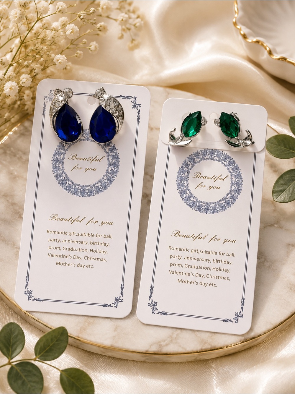 Blue Teardrop & Green Leaf Rhinestone Earrings Set
